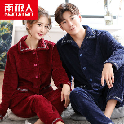 

Antarctic pajamas home service flannel long-sleeved couples pajamas men and women sports can be worn outside the autumn and winter solid color coral cashmere set 1031 male navy