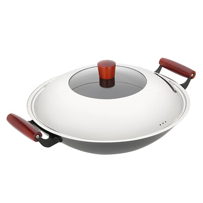 

US kitchen maxcook cast iron stainless steel wok 36CM wood series MCC503 with gas stove induction cooker general