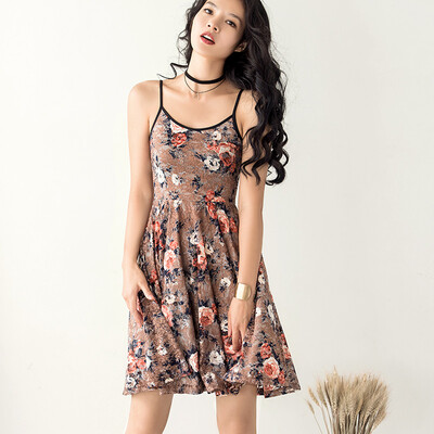 

Wei Ya Ji 2017 new harness dress female summer printing sleeveless high waist Slim long A word lace skirt
