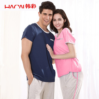 

Han Choi HACAI pajamas women short sleeve 2017 modal solid color round neck home suit set rose red 16085 M