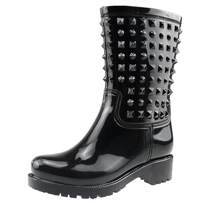 

Haitian Halteke rain boots in the tube fashion rivets waterproof rain boots rubber shoes water shoes P002 black 37 yards