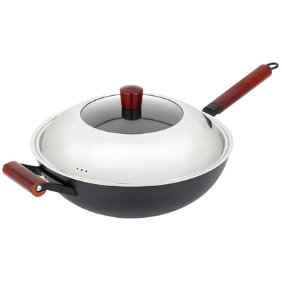 

US kitchen maxcook cast iron stainless steel wok 32CM wood series MCC489 with gas stove induction cooker general