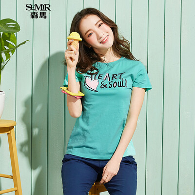 

Semir Semir short sleeve T-shirt summer round neck print Korean version of the cotton half-sleeved T-shirt 12216000005 pink green XL
