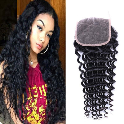 

Brazilian Remy Deep Wave Hair Lace Closure 4x4 Bleached Knots With Baby Hair Middle Part 100% Human Hair Shipping Free