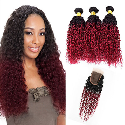 

Dark Roots Brazilian Deep Wave Hair Bundles With Lace Closure Ombre Color Burgundy 1B 99J Hair Extensions With Lace Closure 4Pcs