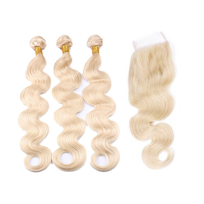 

Peruvian Virgin Platinum Blonde 3pcs Body Wave Bundles With Free Part Lace Closure Light Honey Blonde Human Hair Weave Weft For Sa
