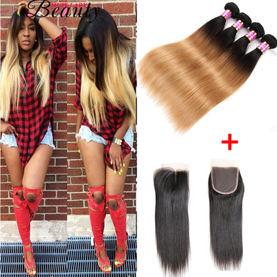 

Ombre Brazilian Hair T1B27 4 Bundles With Closure Muse Lady Beauty Hair Products Blonde Weave Bundles Brazilian Straight