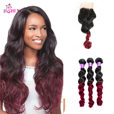 

8A Brazilian Virgin Human Hair Wave 3 Bundles Ombre Loose Wave With 44 Lace Closure Remy Hair Extensions