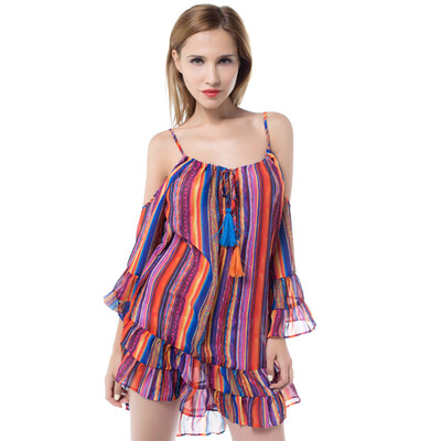 

Womens new Europe&the United States temperament rainbow condole belt falbala lace-up dress