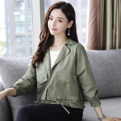 

A pond morning 2017 autumn Korean simple Slim was thin single collar buckle collar short jacket female S73R0020AA42XL army green XL