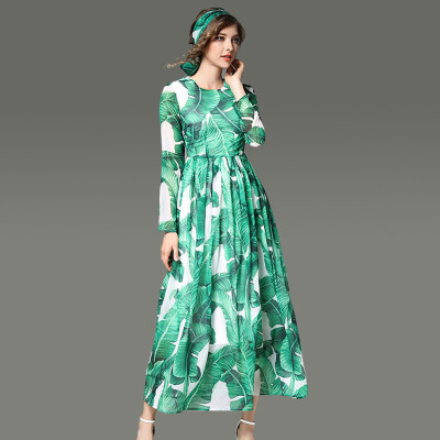 

2017 New Fashion Beauty Green Plant leaf Printing Dress Slim A-lineskirt Relaxation Party Office Exercise Womens Long skirt