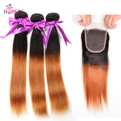 

8A Brazilian Virgin Human Hair Wave 3 Bundles Ombre Straight Wave With 4*4 Lace Closure Remy Hair Extensions