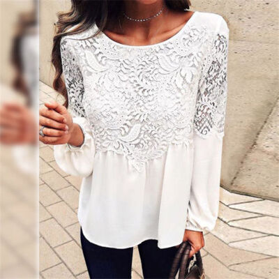

CANIS@Fashion Women Summer Loose Casual Chiffon Long Sleeve Lace T Shirt Tops Blouse
