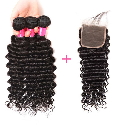 

Malaysian Deep Wave Closure In Human Hair 3 Malaysian Bundles With Closure Human Hair Bundles Deep Wave Lace Closure Free Shipping