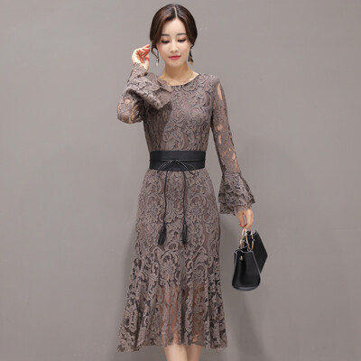 

A pond morning 2017 autumn women long paragraph sexy dress lace long sleeves Slim waist skirt S73R0030LA107M brown M