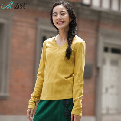 

Yan Man INMAN 2017 autumn new V-neck long sleeve ribbed primer T-shirt shirt female 1873021264 flower gray
