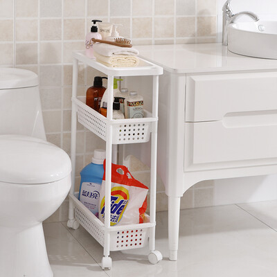 

Space workshop kitchen bathroom storage rack floor rack mobile belt wheel gap frame three-layer white FX65103