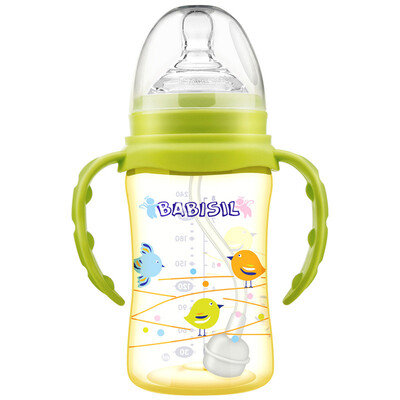 

Bayer Xin BABISIL PPSU light&fall-resistant wide mouth straw bottle can be rotated handle 240ml drinking milk drinking cup green BS5036