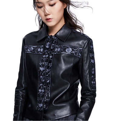 

Floral pattern print stripe embroidered black leather