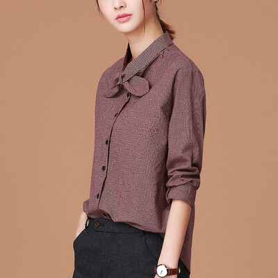 

City plus CITYPLUS 2017 autumn and winter new women retro art stand collar loose bow tie bottom shirt CWCS178350 brown red