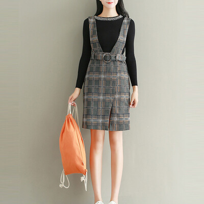

City plus CITYPLUS 2017 autumn and winter new women's literary and artistic wild self-cultivation package buttocks one step under the skirt woolen lattice Gary strap dress CWQZ179268 gray grid L