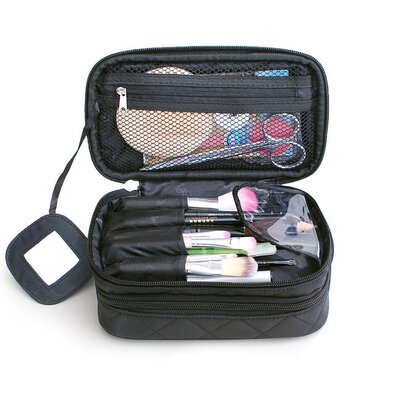 

Multifunctional 2 layer make up Bag Black Cosmetic Makeup Brush Organizer with Carry Handle for Travel & Home