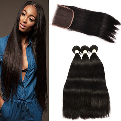 

MORICHY Brazilian Virgin Straight Hair 3 Bundles with 4X4 Lace Closure 7A Unprocessed Virgin Human Hair Extensions Natural Color