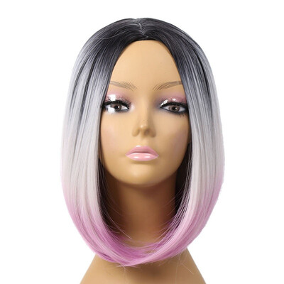 

JUNSI Fashion Bob Wig Short Straight Black Grey Pink Hair Natural Synthetic Hair