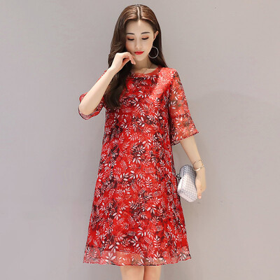 

2017 new print dress autumn five-point sleeve loose A-line skirt S72R1335LA30L red L