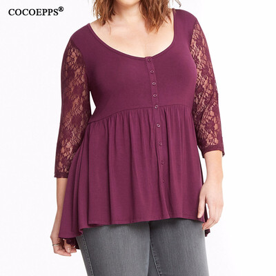 

COCOEPPS Plus size lace tops T Shirt Women 2017 Autumn Winter Three Quart T-shirt Female Black blue Tshirt Women big sizes L-6XL