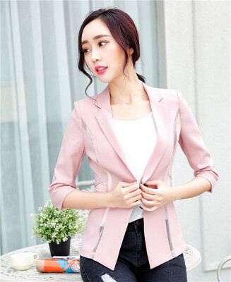 

Women Single Button Blazer Half Sleeve Hollow Out Design Casacos Femininos Basic Jackets Candy Color Female Blazers Suits