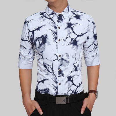 

Brand 2017 Fashion Male Shirt Long-Sleeves Tops Cotton Men Fashion Ink Painting Slim Mens Dress Shirts Slim Men Shirt 2XL