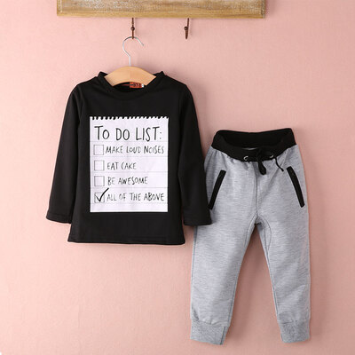 

Baby Kids Boys Cotton Black Long Sleeved Shirt Sweater + Gray Pants Outfits 2-7Y