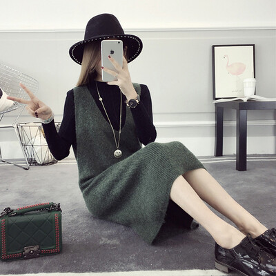 

sustory Women's 2017 autumn and winter Korean version of the sleeveless solid color sweater sets of wool sweater dress sweater dress SRSU017 army green S