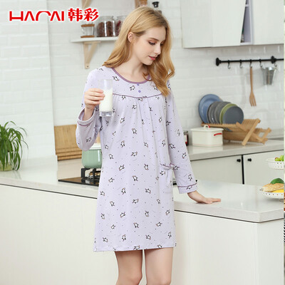 

Han Cai HACAI pajamas women spring&autumn round neck long sleeve cotton ammonia cute female nightdress gray purple 17095 XL