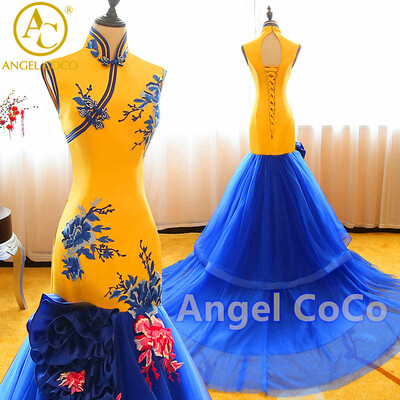 

Luxury Mermaid Evening Dress Party Long Real Photos Blue Yellow Embroidery Satin Chinese Gown Cheongsam Qipao Abendkleider 2017
