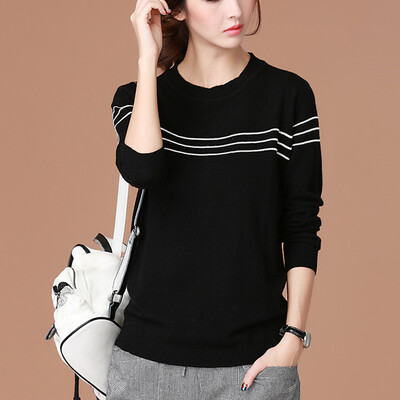 

City plus CITYPLUS 2017 autumn&winter new women&39s literature&art loose stitching striped sweater sets of head sweater CWYC178351 black