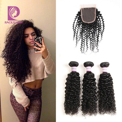 

8A Brazilian Curly Virgin Hair With Closure Cheap 3 Bundles Kinky Curly Hair With Closure Pcs Curly Brazilian Hair With Closure
