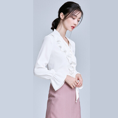 

Markentsee 2017 new women's autumn bow tie with V-neck long-sleeved chiffon shirt women shirt loose shirt zx1781912 white XXL