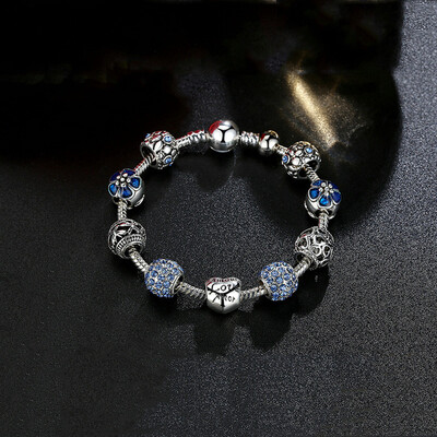 

Baffin Antique Silver Charm Beads Bracelet & Bangle with Love and Flower Crystal Ball Women Wedding Valentine's Day Gift
