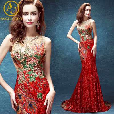 

Luxury Mermaid Evening Dress 2017 Sequins/Rhinestones/Embroidery Sheer Backless Long Gorgeous prom dresses High-end custom qipao