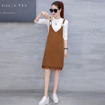 

Fort Sheng 2017 new women&39s autumn lace harness dress long-sleeved loose black strap skirt black dress two sets zx17081410 black S