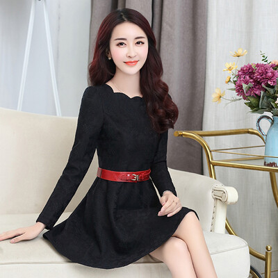 

Fort Sheng 2017 new women&39s autumn Korean fashion Slim temperament lace small fragrance sweet elegant simple dress zx16083101 black S