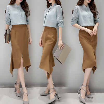 

Fort Sheng 2017 new women&39s autumn Korean chiffon shirt suit long-sleeved skirt two-piece suit temperament fashion beautiful dress zx1781999 blue shirt card skirt M