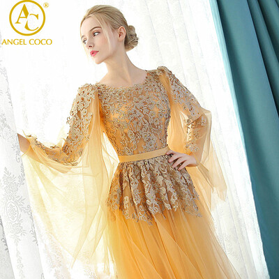 

Luxury Golden Evening Dress Long O-Neck Tulle Beautiful Evening Gowns Prom Party Zuhair Murad Saudi Arabia Dubai Abaya Kaftan