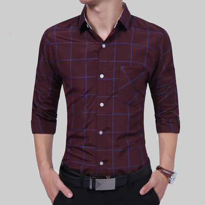 

Brand 2017 Fashion Male Shirt Long-Sleeves Tops Fashion Youth Hit Color Lattice Mens Dress Shirts Slim Men Shirt 3XL