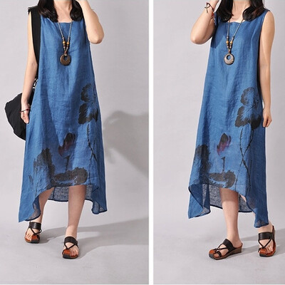 

New fashion summer style cotton linen vintage printed women casual loose long dress Party Gown