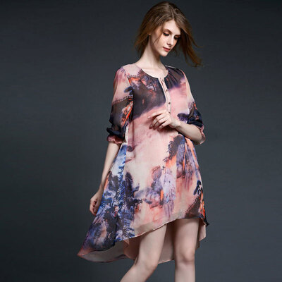 

Lovaru ™New 2015 fashion Ink irregular emulation silk dress Sleeve dress in fashionable elegant printing