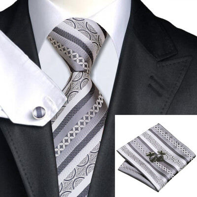 

N-0589 Vogue Men Silk Tie Set Gray Stripes Necktie Handkerchief Cufflinks Set Ties For Men Formal Wedding Business wholesale