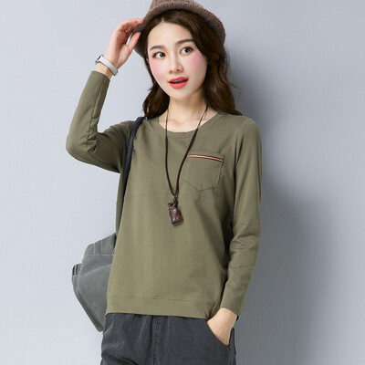 

Markentsee 2017 new women's autumn pocket round neck solid color stitching long-sleeved Slim fashion simple chiffon shirt yzLYSX7336 army green XL